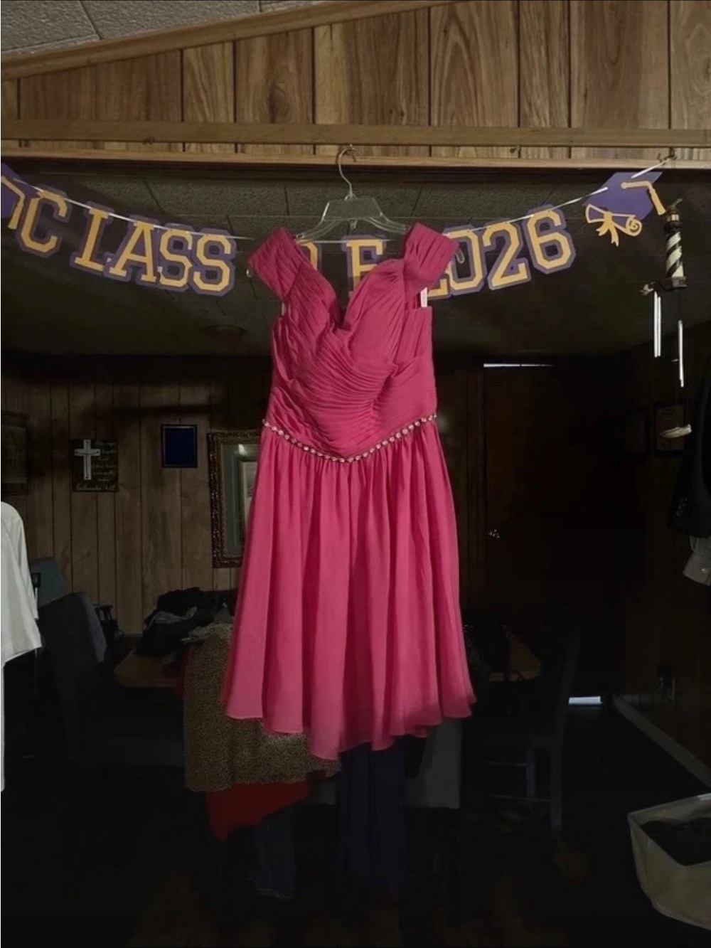 JJs House Hot Pink Ruched Bodice Dress with Beaded Waist